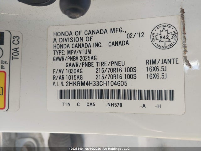 Продаж на аукціоні авто 2012 Honda Cr-v Lx, vin: 2HKRM4H33CH104605, номер лоту: 12628340