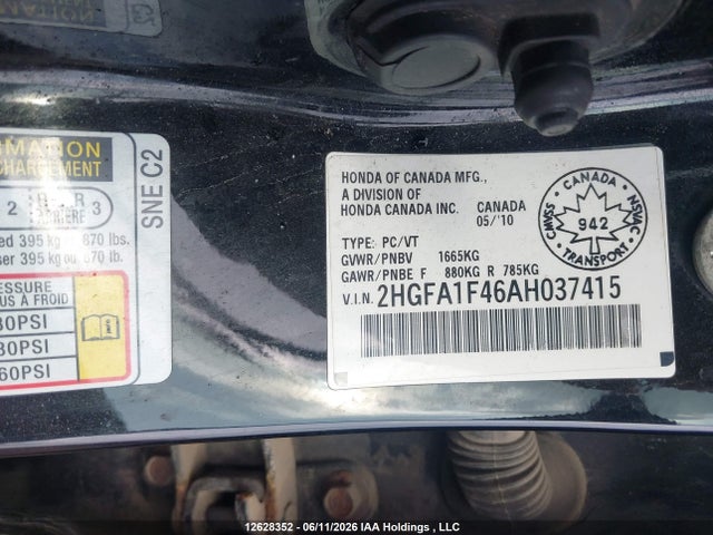 2010 Honda Civic Dx-g მანქანა იყიდება აუქციონზე, vin: 2HGFA1F46AH037415, აუქციონის ნომერი: 12628352