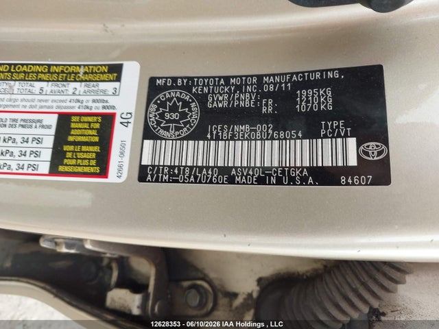 2011 Toyota Camry Se/le/xle მანქანა იყიდება აუქციონზე, vin: 4T1BF3EK0BU768054, აუქციონის ნომერი: 12628353