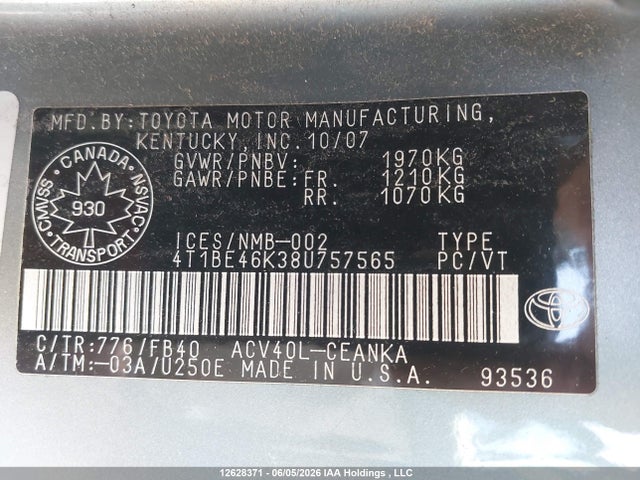 Продажа на аукционе авто 2008 Toyota Camry Le, vin: 4T1BE46K38U757565, номер лота: 12628371
