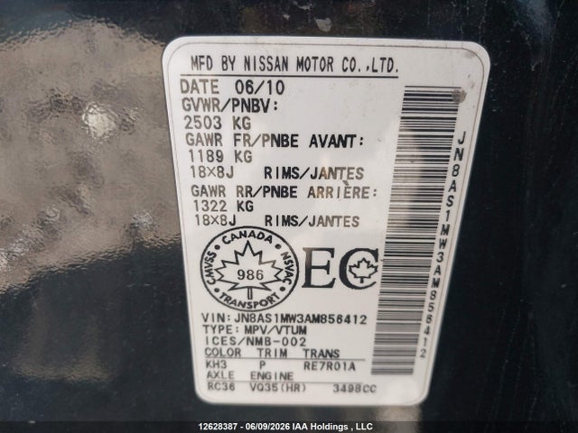 12628387 :رقم المزاد ، JN8AS1MW3AM856412 vin ، 2010 Infiniti Fx35 مزاد بيع