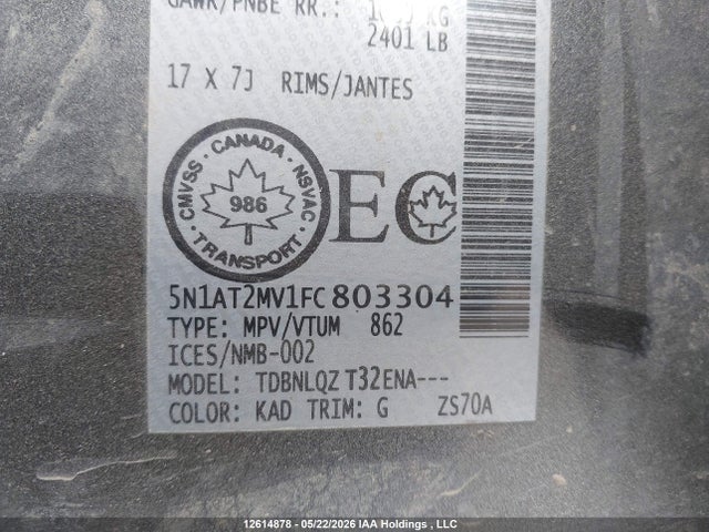 12614878 :رقم المزاد ، 5N1AT2MV1FC803304 vin ، 2015 Nissan Rogue S/sl/sv مزاد بيع