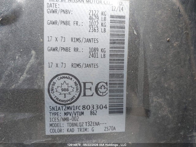 12614878 :رقم المزاد ، 5N1AT2MV1FC803304 vin ، 2015 Nissan Rogue S/sl/sv مزاد بيع