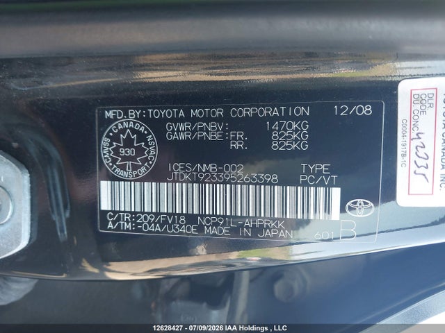 12628427 :رقم المزاد ، JTDKT923395263398 vin ، 2009 Toyota Yaris مزاد بيع