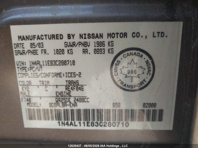 Продажа на аукционе авто 2003 Nissan Altima S/sl, vin: 1N4AL11E83C280710, номер лота: 12628437