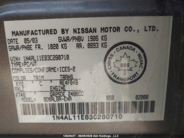 Продажа на аукционе авто 2003 Nissan Altima S/sl, vin: 1N4AL11E83C280710, номер лота: 12628437