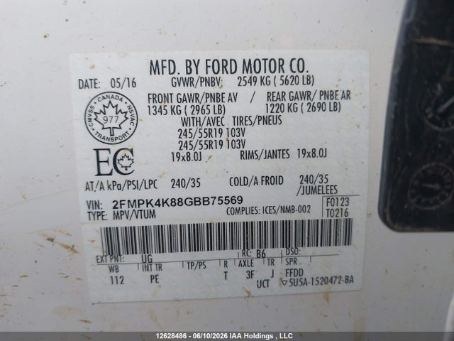 12628486 :رقم المزاد ، 2FMPK4K88GBB75569 vin ، 2016 Ford Edge Titanium مزاد بيع