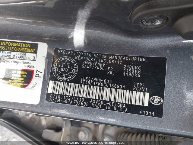 Продажа на аукционе авто 2012 Toyota Camry, vin: 4T1BF1FK0CU156831, номер лота: 12628492