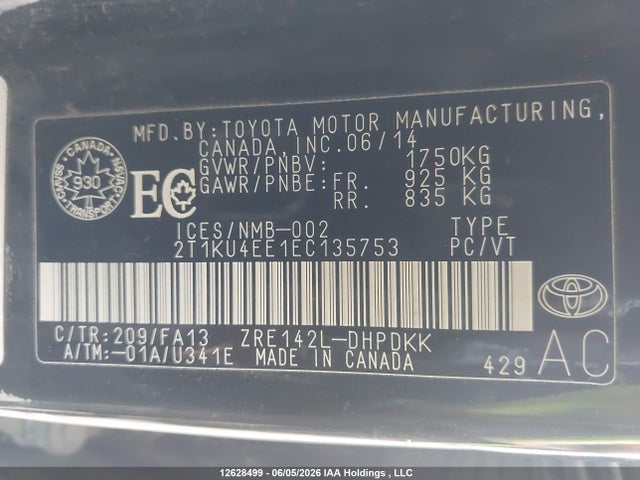 12628499 :رقم المزاد ، 2T1KU4EE1EC135753 vin ، 2014 Toyota Matrix مزاد بيع