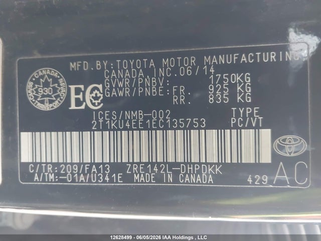 12628499 :رقم المزاد ، 2T1KU4EE1EC135753 vin ، 2014 Toyota Matrix مزاد بيع