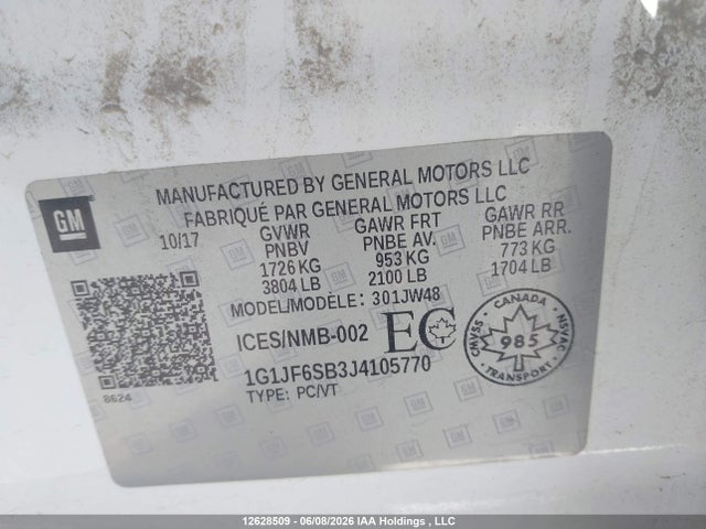 12628509 :رقم المزاد ، 1G1JF6SB3J4105770 vin ، 2018 Chevrolet Sonic Premier Auto مزاد بيع