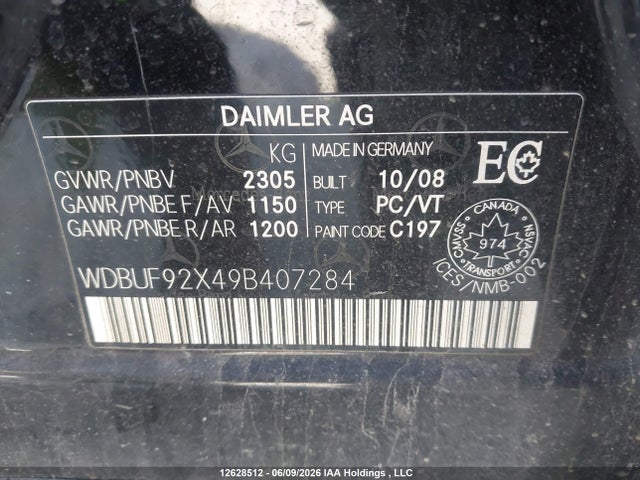 Aukcja sprzedaży 2009 Mercedes-benz E 300 4matic, vin: WDBUF92X49B407284, numer aukcji: 12628512