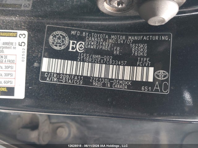 Aukcja sprzedaży 2007 Toyota Corolla Ce/le/s, vin: 2T1BR32EX7C833457, numer aukcji: 12628518
