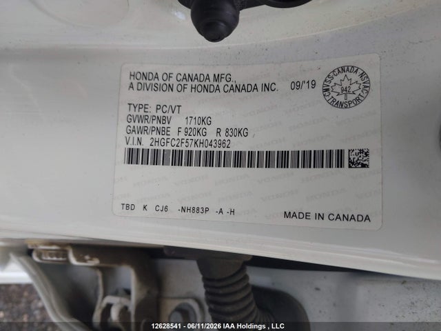 Aukcja sprzedaży 2019 Honda Civic, vin: 2HGFC2F57KH043962, numer aukcji: 12628541