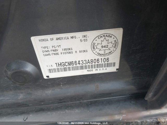 Aukcja sprzedaży 2003 Honda Accord Ex-v6, vin: 1HGCM66433A806106, numer aukcji: 12628548