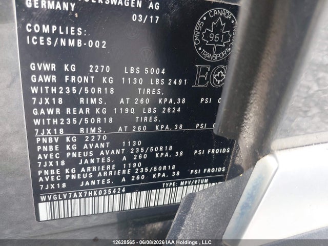 Продажа на аукционе авто 2017 Volkswagen Tiguan Highline, vin: WVGLV7AX7HK035424, номер лота: 12628565