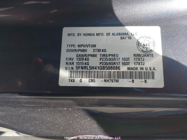 Продаж на аукціоні авто 2016 Honda Odyssey, vin: 5FNRL5H41GB508086, номер лоту: 12628572