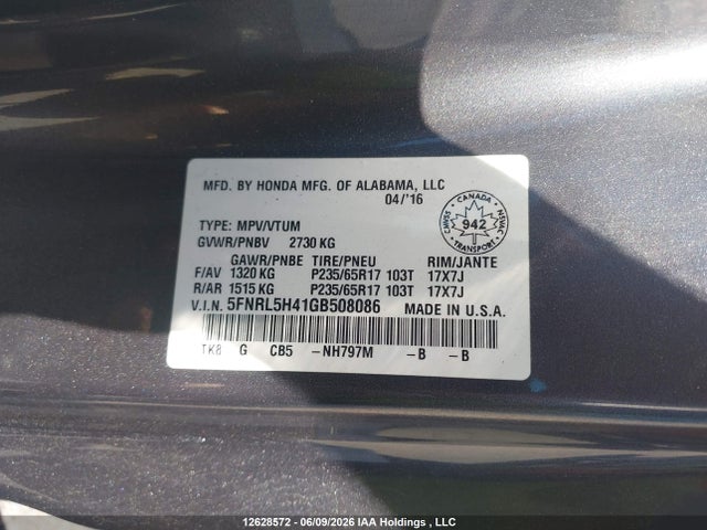 Продаж на аукціоні авто 2016 Honda Odyssey, vin: 5FNRL5H41GB508086, номер лоту: 12628572