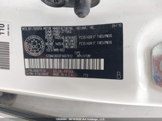 Aukcja sprzedaży 2015 Toyota Sienna Le V6, vin: 5TDKK3DC6FS607812, numer aukcji: 12628584