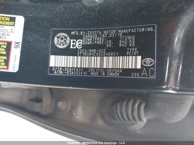 12628590 :رقم المزاد ، 2T1BURHE9GC646851 vin ، 2016 Toyota Corolla L/le/le Pls/prm/s/s Pls مزاد بيع