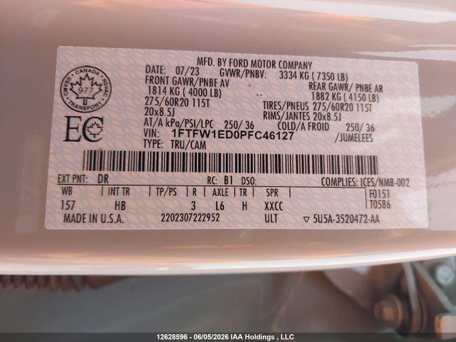 2023 Ford F-150 Lariat მანქანა იყიდება აუქციონზე, vin: 1FTFW1ED0PFC46127, აუქციონის ნომერი: 12628596