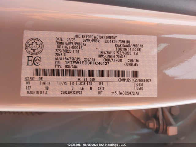 2023 Ford F-150 Lariat მანქანა იყიდება აუქციონზე, vin: 1FTFW1ED0PFC46127, აუქციონის ნომერი: 12628596