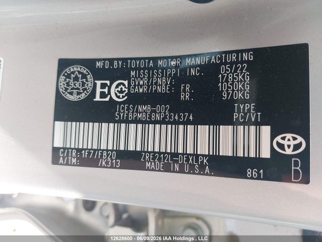 Aukcja sprzedaży 2022 Toyota Corolla, vin: 5YFBPMBE8NP334374, numer aukcji: 12628600