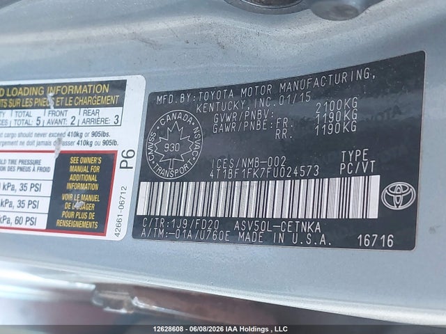 2015 Toyota Camry Le/xle/se/xse მანქანა იყიდება აუქციონზე, vin: 4T1BF1FK7FU024573, აუქციონის ნომერი: 12628608