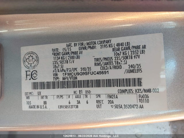 12628613 :رقم المزاد ، 1FMCU9G95FUC45691 vin ، 2015 Ford Escape مزاد بيع