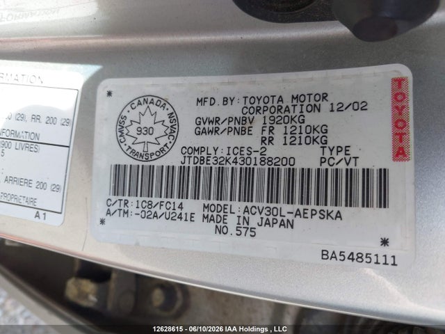 2003 Toyota Camry Le/se/xle მანქანა იყიდება აუქციონზე, vin: JTDBE32K430188200, აუქციონის ნომერი: 12628615
