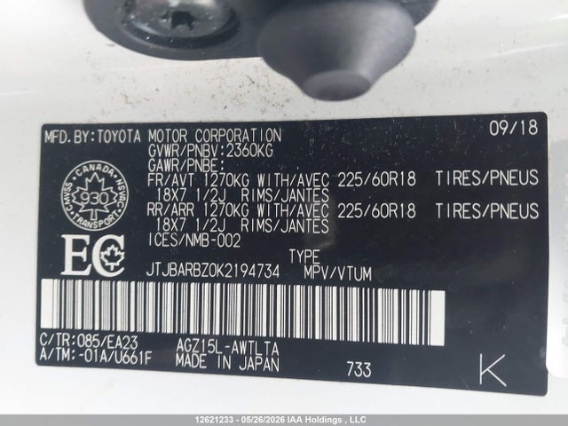 Aukcja sprzedaży 2019 Lexus Nx 300, vin: JTJBARBZ0K2194734, numer aukcji: 12621233