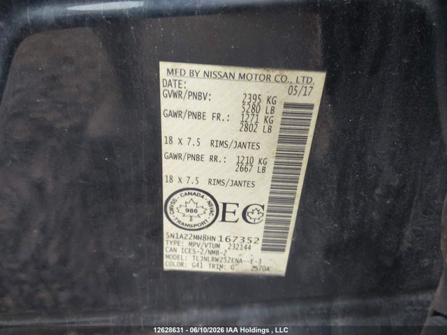Продаж на аукціоні авто 2017 Nissan Murano S/sl/sv/platinum, vin: 5N1AZ2MH8HN167352, номер лоту: 12628631