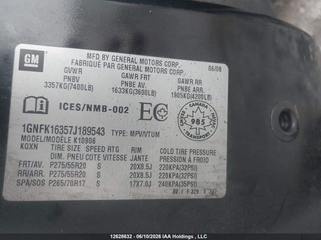 Aukcja sprzedaży 2007 Chevrolet Suburban K1500, vin: 1GNFK16357J189543, numer aukcji: 12628632