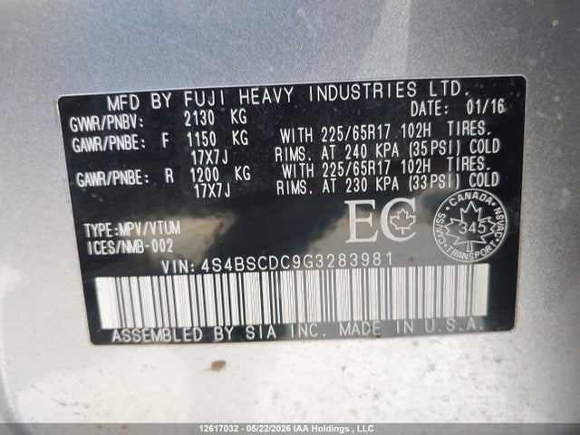 Продаж на аукціоні авто 2016 Subaru Outback 2.5i Touring Package, vin: 4S4BSCDC9G3283981, номер лоту: 12617032