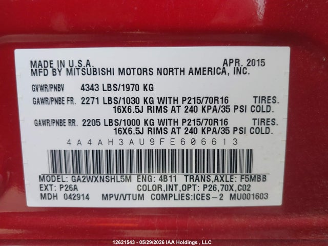 2015 Mitsubishi Rvr Es/se მანქანა იყიდება აუქციონზე, vin: 4A4AH3AU9FE606613, აუქციონის ნომერი: 12621543