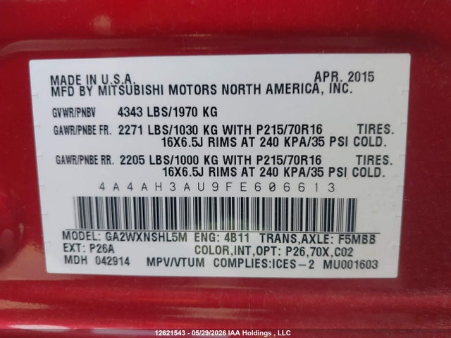 2015 Mitsubishi Rvr Es/se მანქანა იყიდება აუქციონზე, vin: 4A4AH3AU9FE606613, აუქციონის ნომერი: 12621543