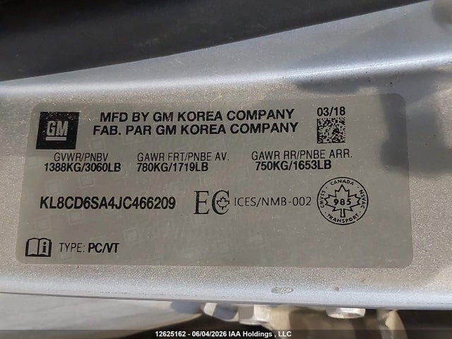Продажа на аукционе авто 2018 Chevrolet Spark 1lt Cvt, vin: KL8CD6SA4JC466209, номер лота: 12625162