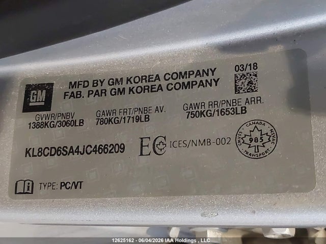 Продажа на аукционе авто 2018 Chevrolet Spark 1lt Cvt, vin: KL8CD6SA4JC466209, номер лота: 12625162