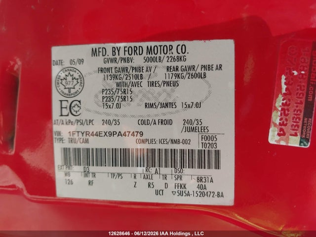 Продажа на аукционе авто 2009 Ford Ranger, vin: 1FTYR44EX9PA47479, номер лота: 12628646