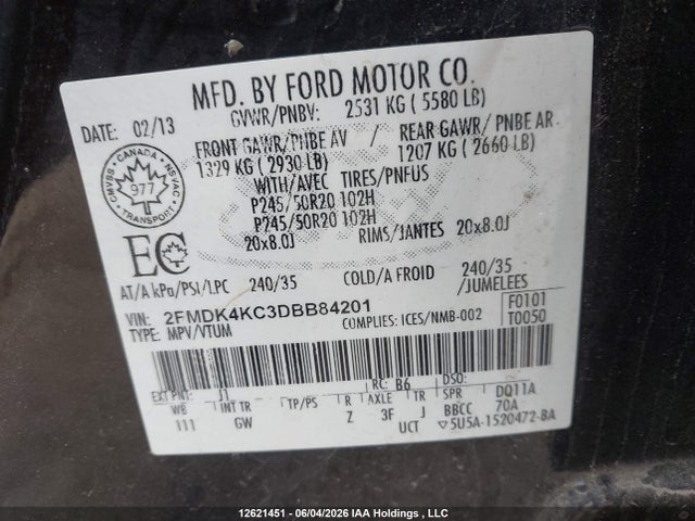 Aukcja sprzedaży 2013 Ford Edge Limited, vin: 2FMDK4KC3DBB84201, numer aukcji: 12621451
