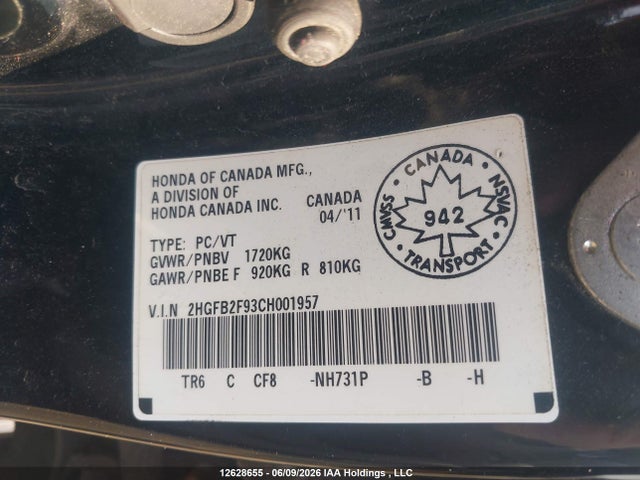2012 Honda Civic Ex-l მანქანა იყიდება აუქციონზე, vin: 2HGFB2F93CH001957, აუქციონის ნომერი: 12628655