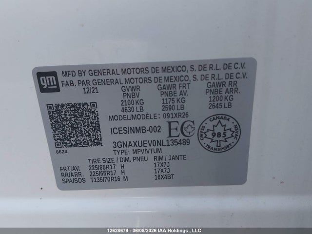 Auction sale of the 2022 Chevrolet Equinox Lt, vin: 3GNAXUEV0NL135489, lot number: 12628679