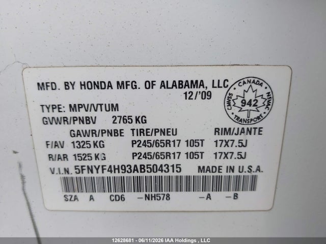 12628681 :رقم المزاد ، 5FNYF4H93AB504315 vin ، 2010 Honda Pilot Touring مزاد بيع