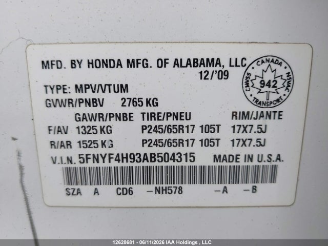 12628681 :رقم المزاد ، 5FNYF4H93AB504315 vin ، 2010 Honda Pilot Touring مزاد بيع