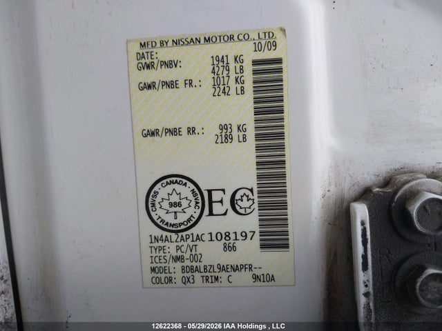 Aukcja sprzedaży 2010 Nissan Altima 2.5 S, vin: 1N4AL2AP1AC108197, numer aukcji: 12622368