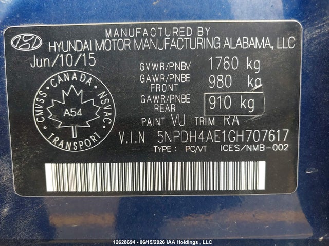 5NPDH4AE1GH707617 Hyundai Elantra Se/sport/limited