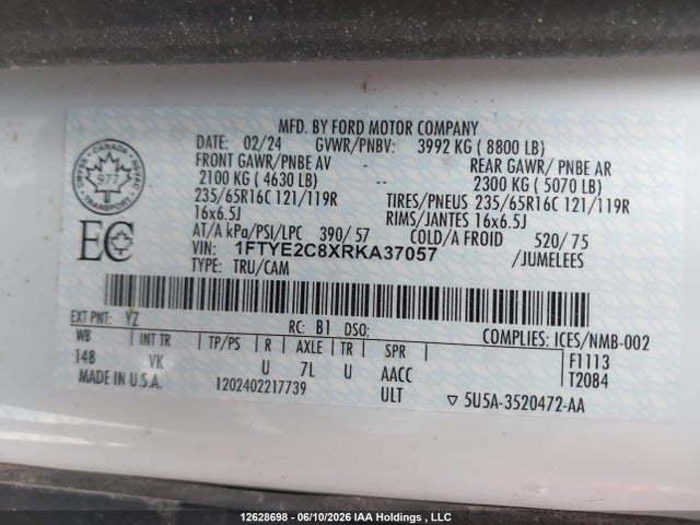 12628698 :رقم المزاد ، 1FTYE2C8XRKA37057 vin ، 2024 Ford Transit T-150 مزاد بيع