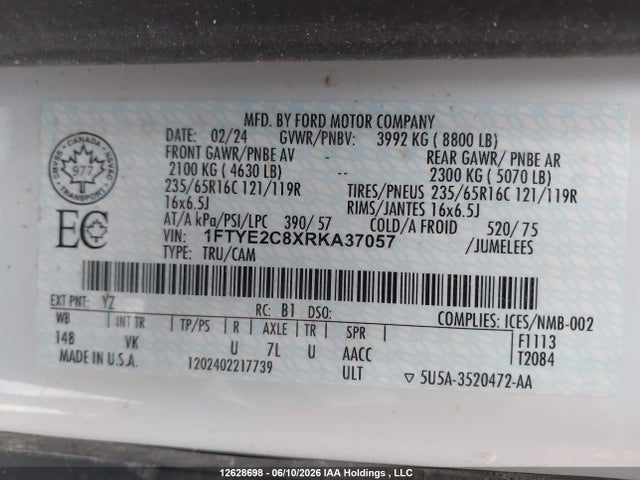 12628698 :رقم المزاد ، 1FTYE2C8XRKA37057 vin ، 2024 Ford Transit T-150 مزاد بيع