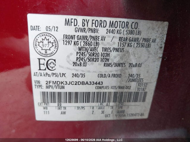 2013 Ford Edge Sel მანქანა იყიდება აუქციონზე, vin: 2FMDK3JC2DBA33443, აუქციონის ნომერი: 12628699