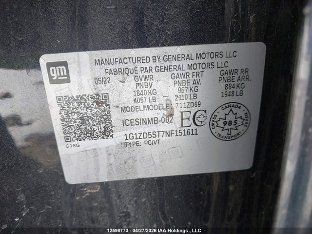 2022 Chevrolet Malibu Lt მანქანა იყიდება აუქციონზე, vin: 1G1ZD5ST7NF151611, აუქციონის ნომერი: 12598773